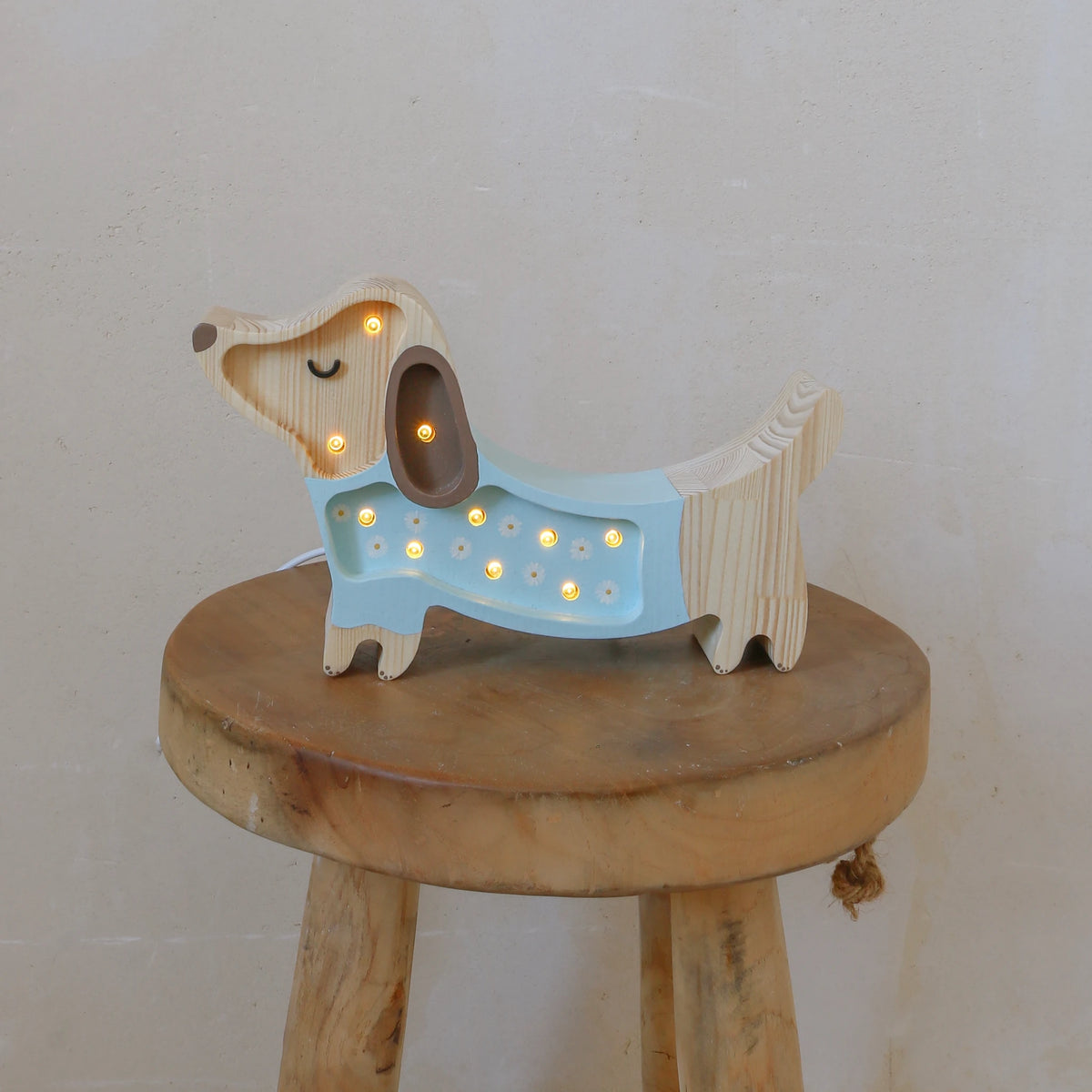 Holzlampe Hund Blumen mini, blau - Little Lights
