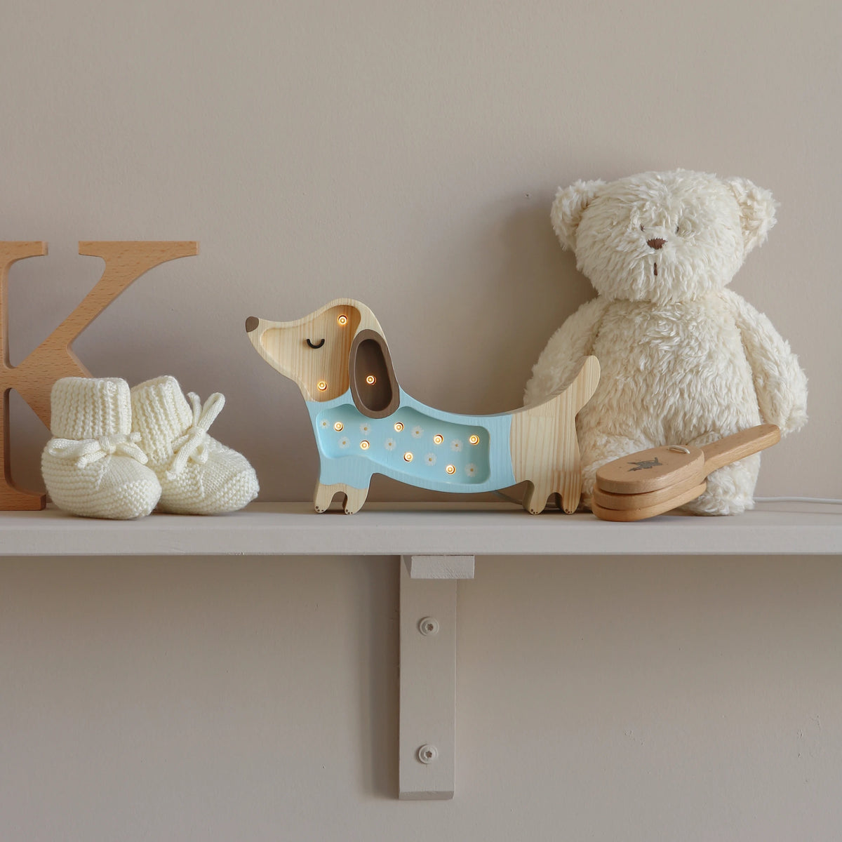 Holzlampe Hund Blumen mini, blau - Little Lights